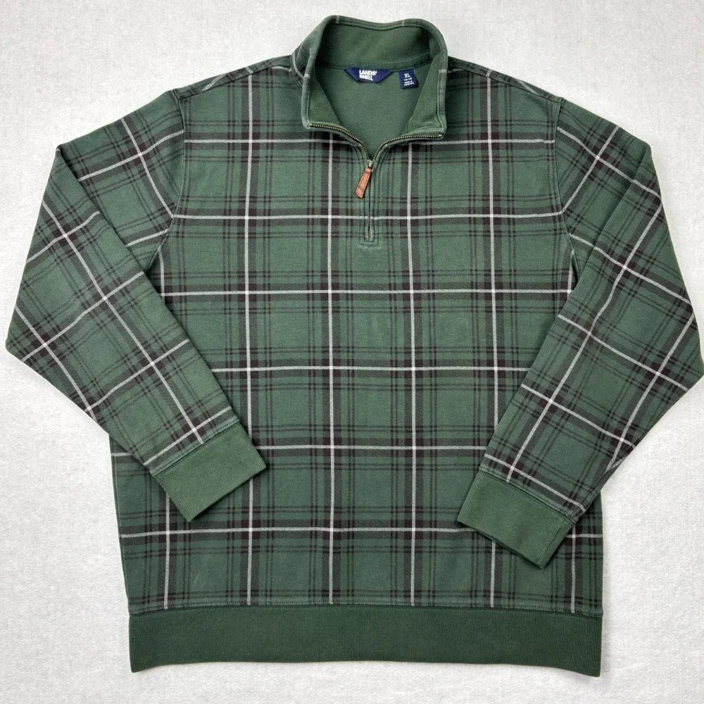 Lands End Quarter Zip Sweatshirt Mens XL Green Plaid Fleece‎ Pullover Mock Neck